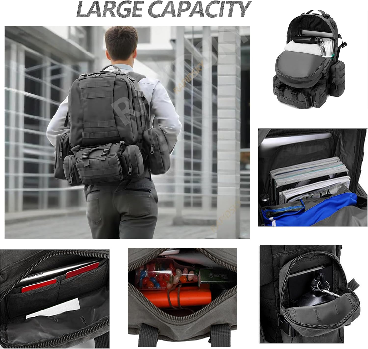 RAPIDSKY 55L Tactical Backpack, Expandable Pack &ndash; Water-Resistant Hiking Assault Pack with MOLLE System, 1-3 Day Storage Capacity for Cycling, Camping, Hunting & Outdoor Adventures - Camel image number 3