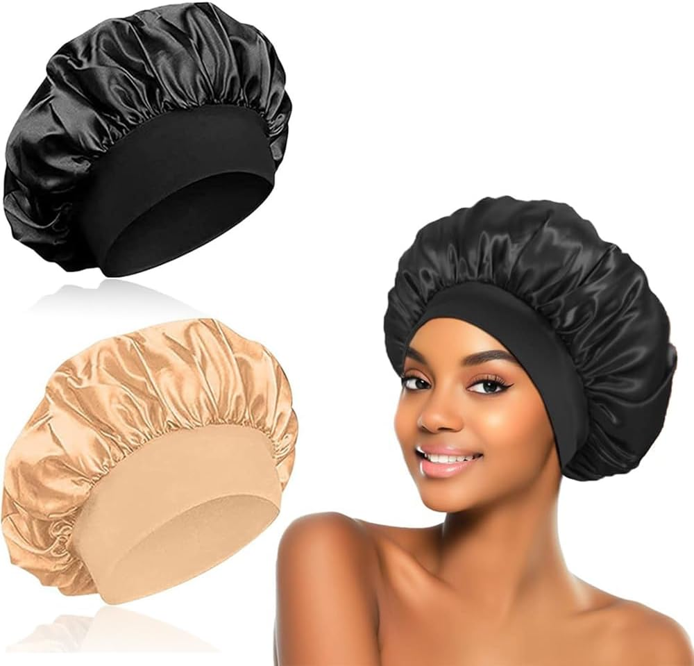 Heatunk 2Pcs Silk Hair Bonnets for Sleeping - Satin Sleep Caps with Soft Elastic Band for Curly Hair Protection (Black Gold) image number 1