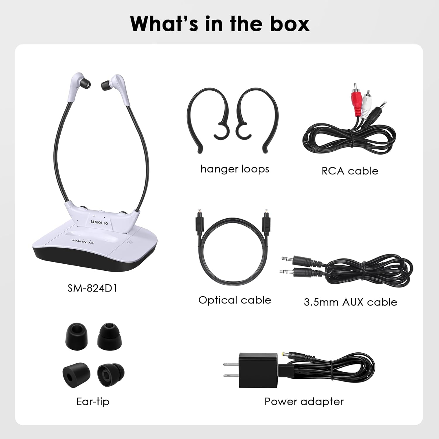SIMOLIO 2.4G Digital Wireless TV Headsets with Spare Battery, Hearing Assistance TV Headphone with Voice Highlighting,Tone & Balance Control, Support Optical/Rca/Aux, 100 Ft Range, No Delay, SM-824D1