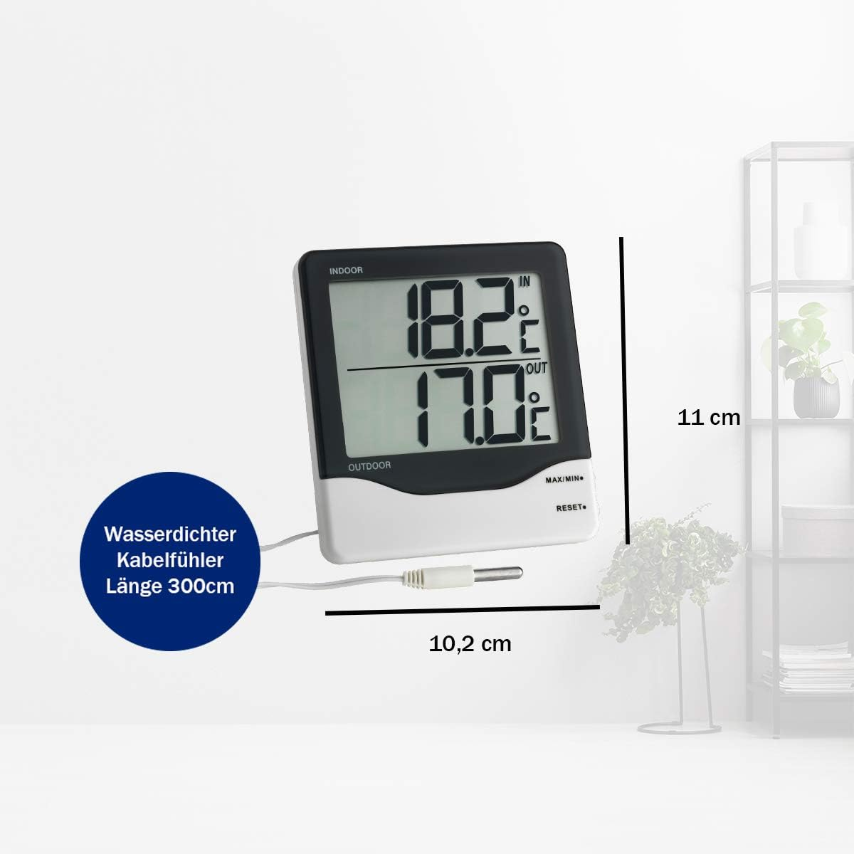 TFA Dostmann Digital Indoor/Outdoor Thermometer 30.1011 Large Display High and Low Values Indoor Outdoor Temperature Black L140 X W24 X H235 Mm (L) 102 X (W) 21 (50) X (H) 110 Mm image number 3
