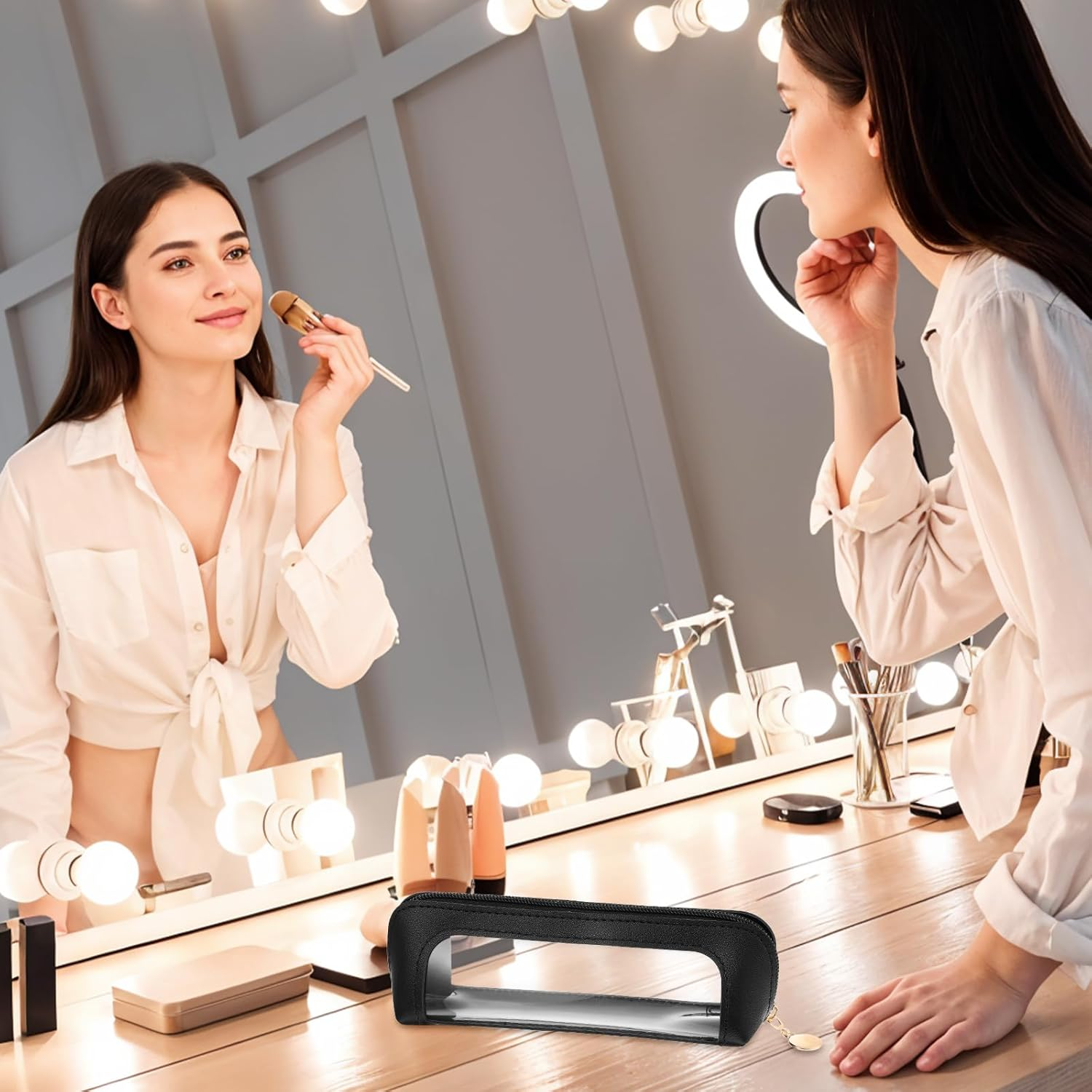 Clear Makeup Bag, Portable Transparent Cosmetic Organizer, PU Leather Makeup Brush Holder, Waterproof Travel Toiletry Pouch with Zipper for Women, Slim Makeup Case for Home, Office, Travel, Black image number 4