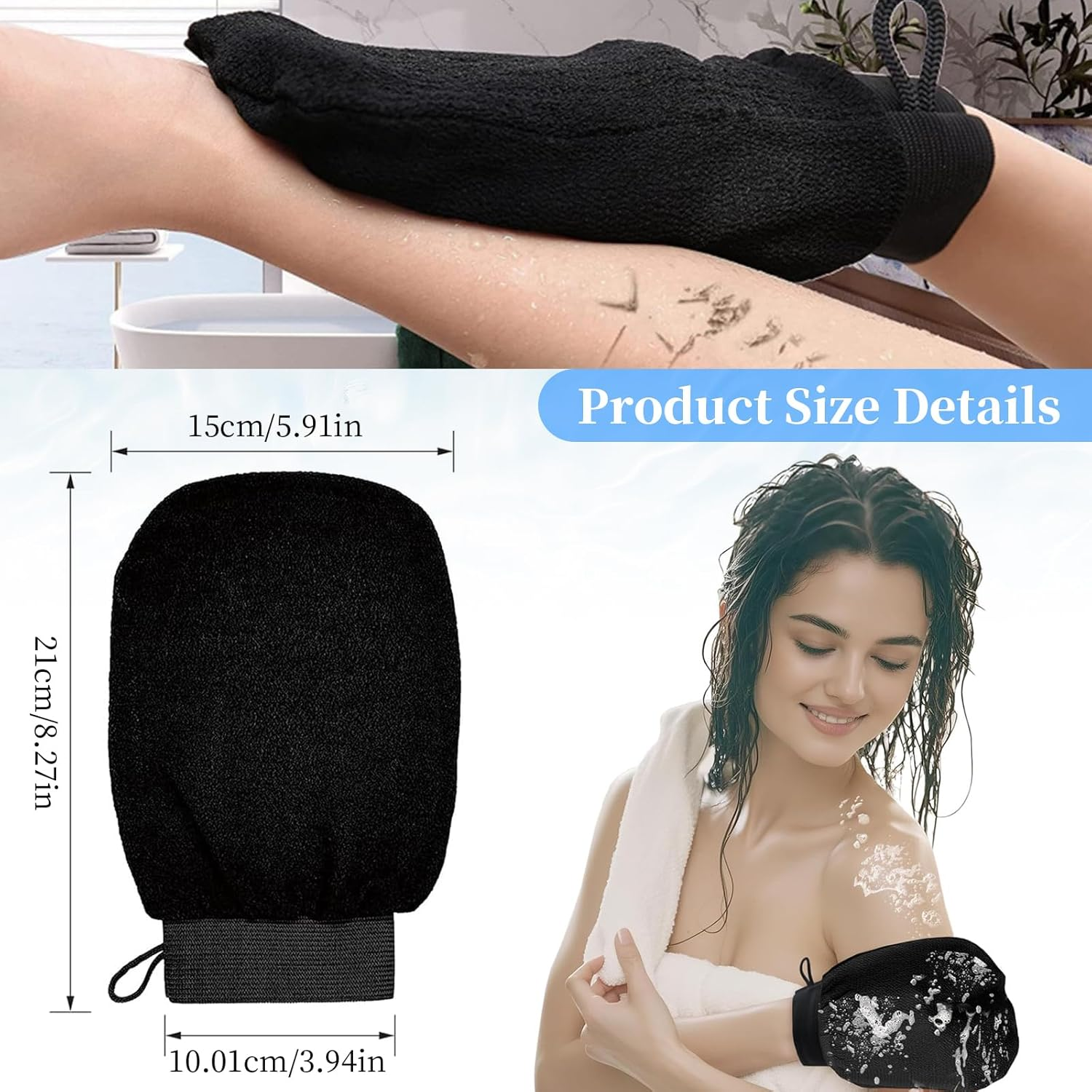 4 PCS Exfoliating Gloves, Bath Glove for Deep Cleansing Body, Dual-Sided Exfoliating Gloves for Effective Dead Skin Removal, Suitable for All Skin Daily Skincare, Clean Pores, Unisex (Black, 15X21Cm) image number 5