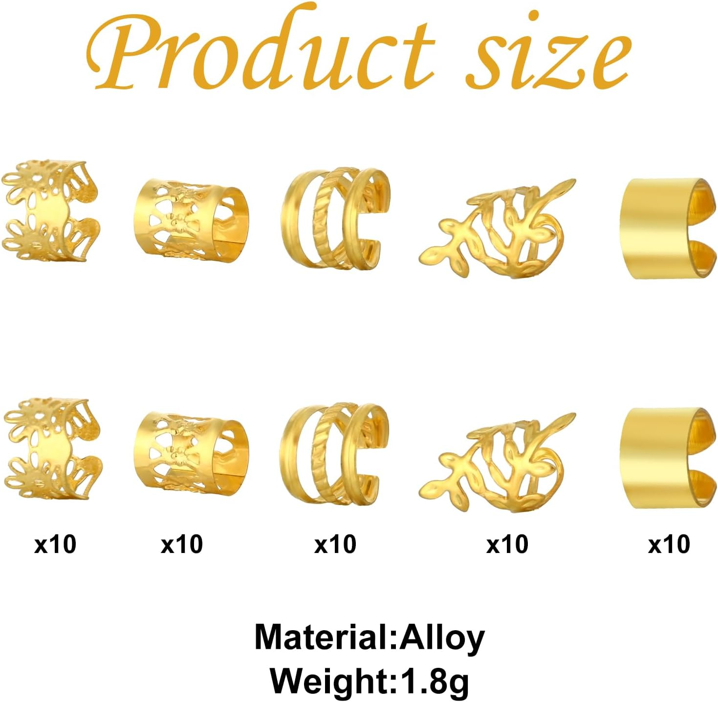Prasacco 50Pcs Gold Hair Jewelry for Braids, Loc & Dreadlocks - 5 Styles, Luxury Gold Rings & Cuffs - Adult Women'S Hair Clip Accessories image number 3