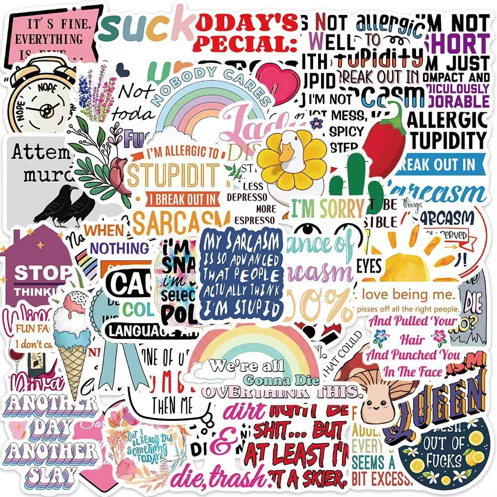 50 PCS Sarcastic Stickers - Funny, Snarky Quotes for Water Bottle, Laptop, Phone, Hard Hat, Bumper & Gifts