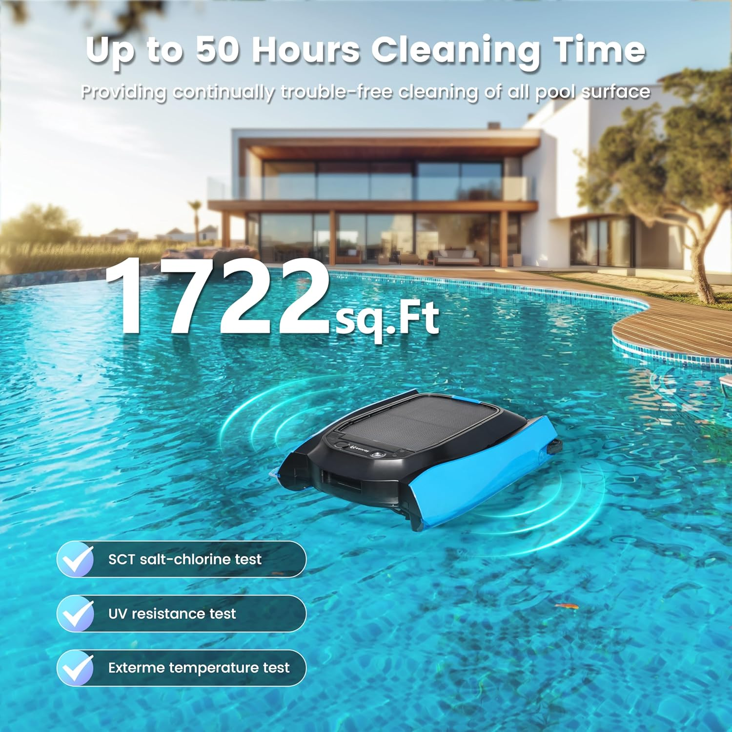 Keenray Solar Pool Skimmer Robot Surface Cleaner, Automatic Cordless Robotic Pool Skimmer with up to 50 Hours Continuous Cleaning Robotic Pool Cleaner with Remote Control for Swimming Pool (Blue) image number 1