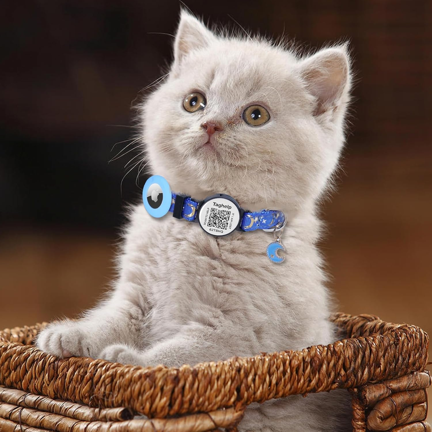 Stars and Moon Airtag Cat Collar with Airtag Holder,Air Tag Cat Collar for Apple. Solid & Safe, Pet Collar, Breakaway Cat Collar, QR Code Cat ID Tags - Pet Online Profile(Blue) image number 5