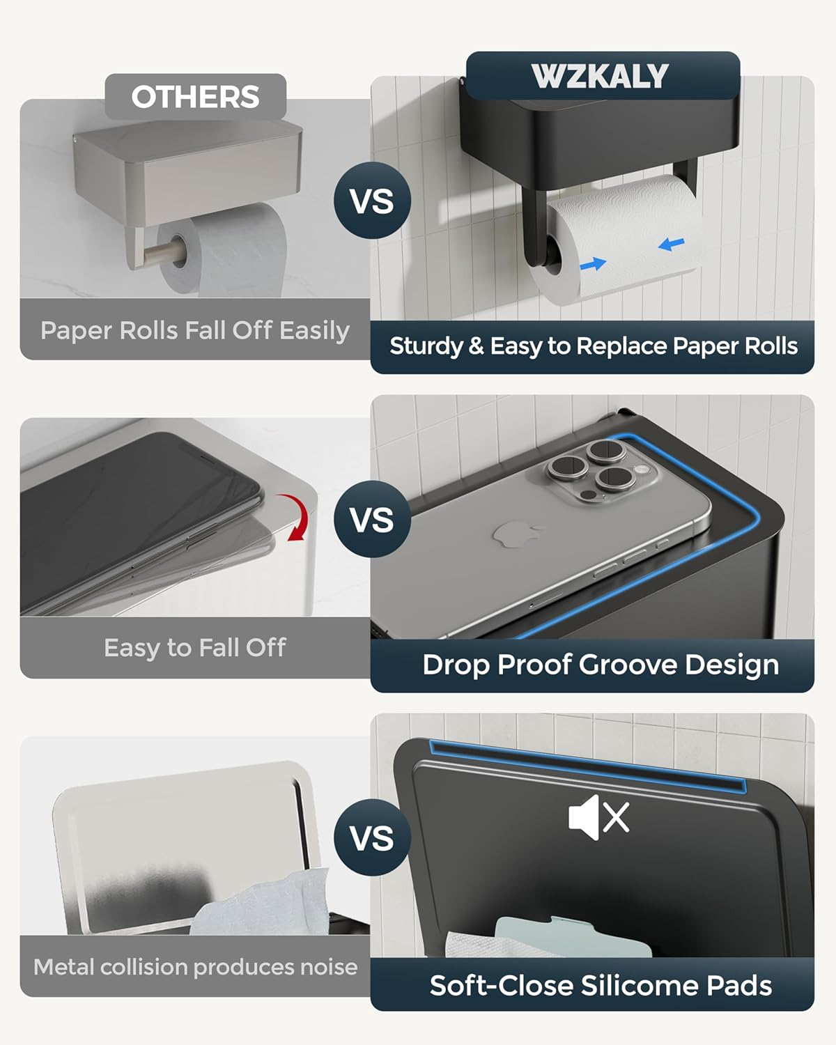 WZKALY Toilet Paper Holder with Shelf - Flushable Wipes Dispenser & Storage Fits Any Bathroom, Keep Your Wet Wipes Hidden - Stainless Steel Wall Mount Bathroom Organizer -（Matte Black, Regular Roll）