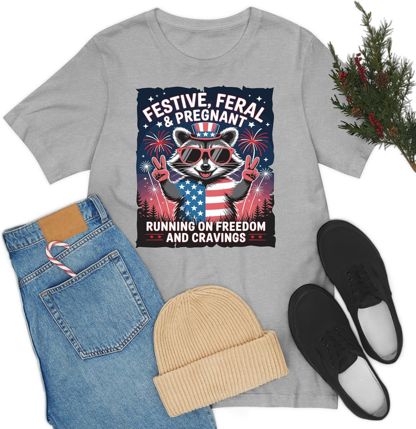 Festive Feral and Pregnant 4Th of July Pregnancy Announcement T-Shirt for Women
