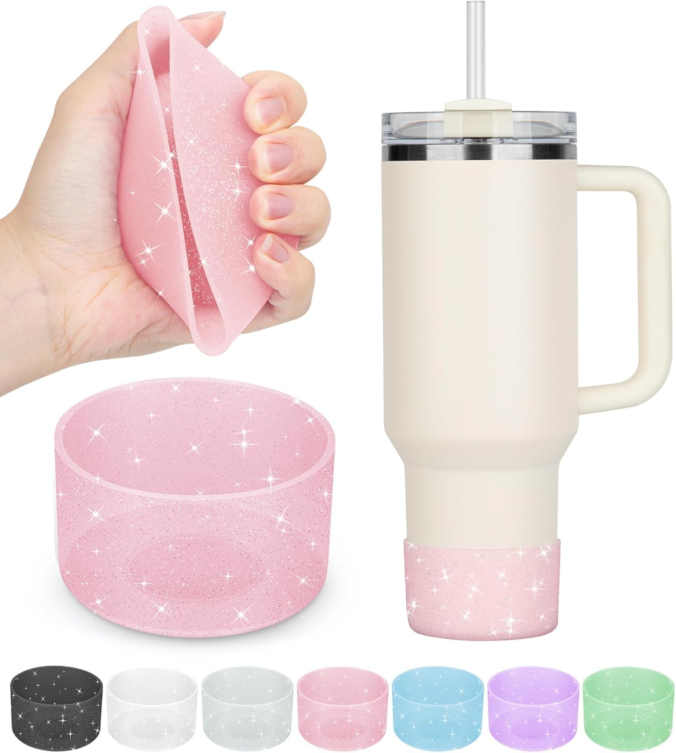 Protective Bling Silicone Boot Sleeve, Compatible with Stanley Tumbler 20-40Oz & Hydro Flask Bottle 12Oz-24Oz, Glitter Reduces Dents Sleeve Cover for Bottles of 2.83-2.95In