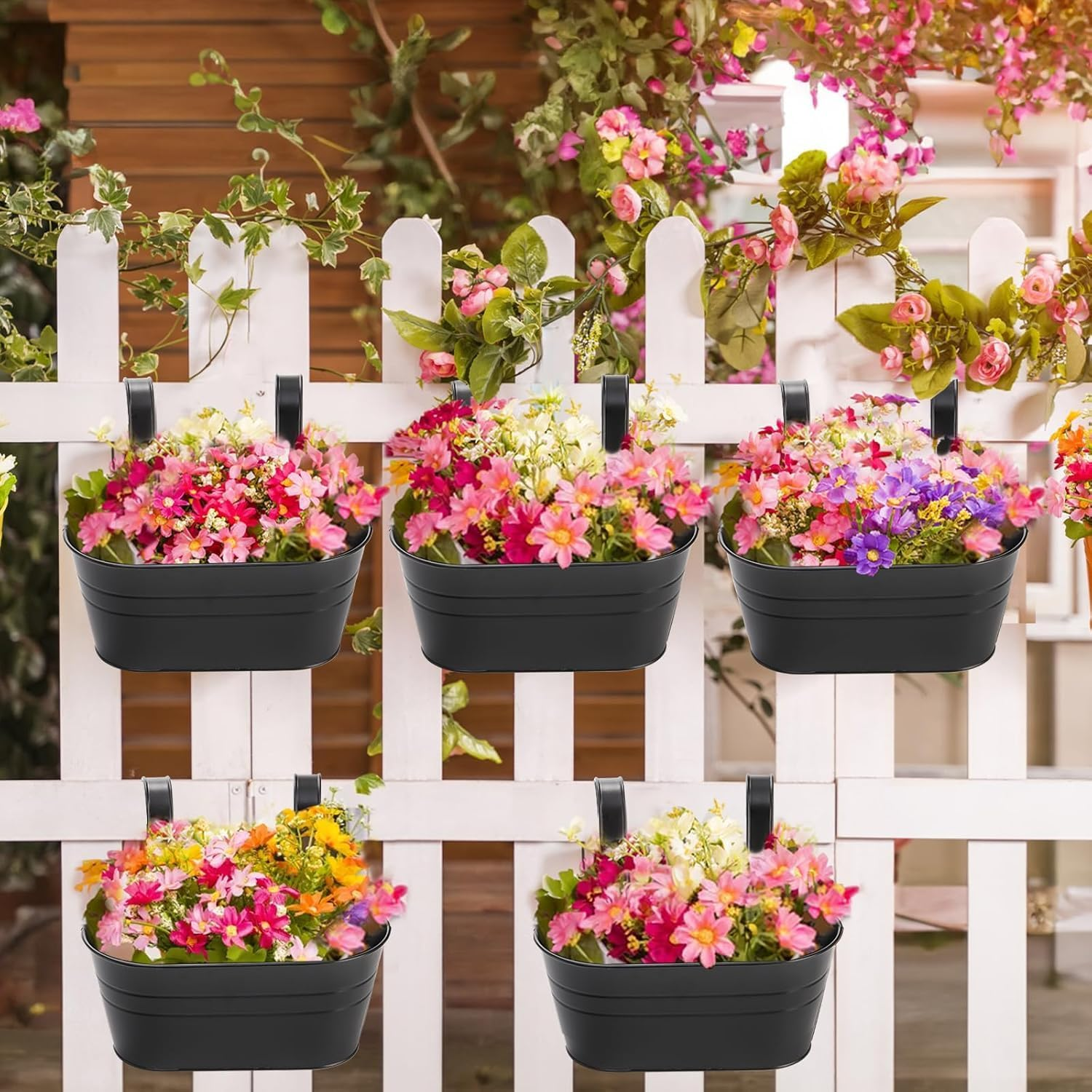 Hanging Metal Flower Pots with Detachable Hooks &ndash; 5 Pack Outdoor Balcony Planters with Drainage Holes for Garden, Fence, and Porch Decoration (Black) image number 4
