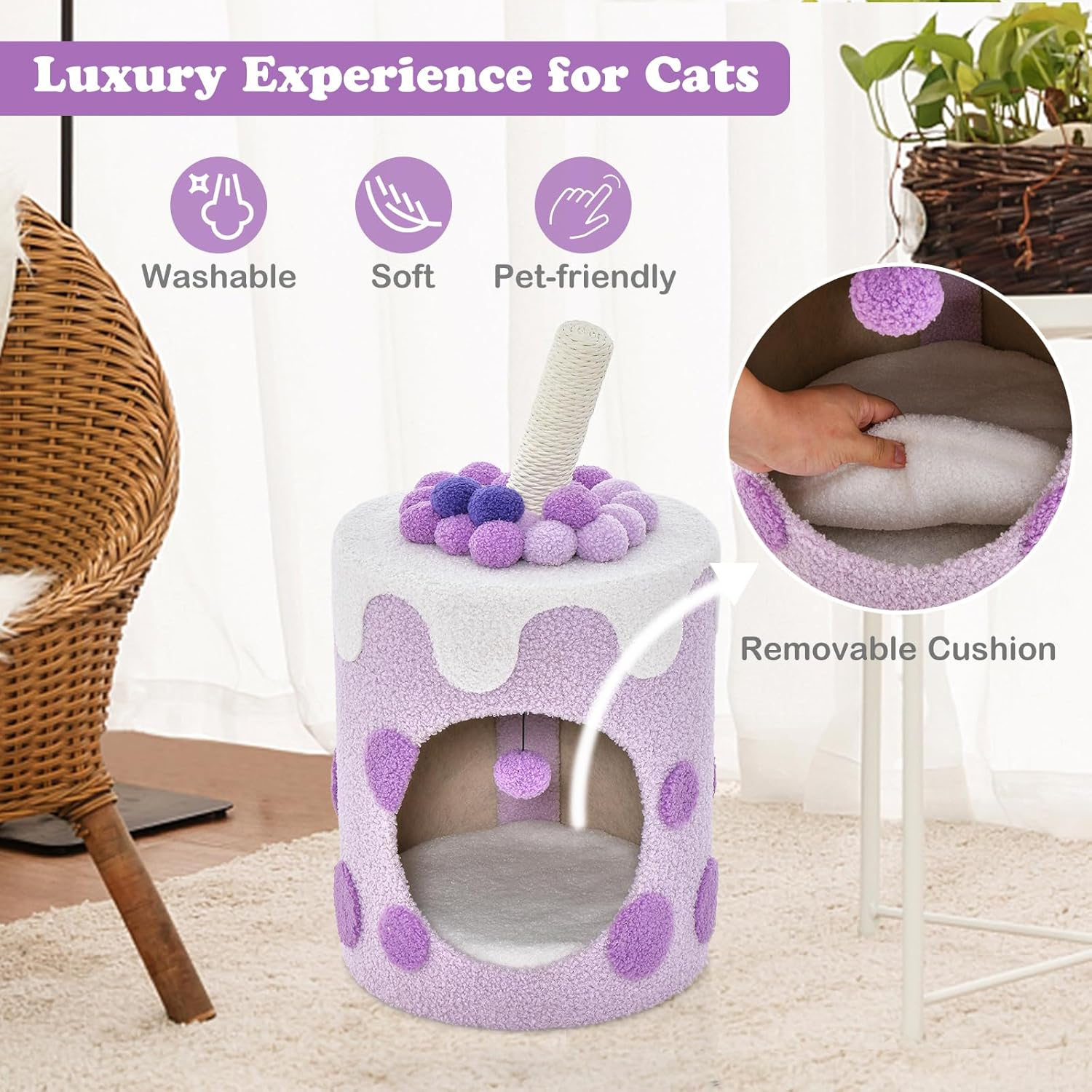Costway Bubble Tea Cat Tree Tower Cat Condo Furniture W/Scratching Post Dangling Ball Toy Multifunctional Cat Furniture Indoor Cats Cute Kitten Activity Center (Purple & White) image number 1