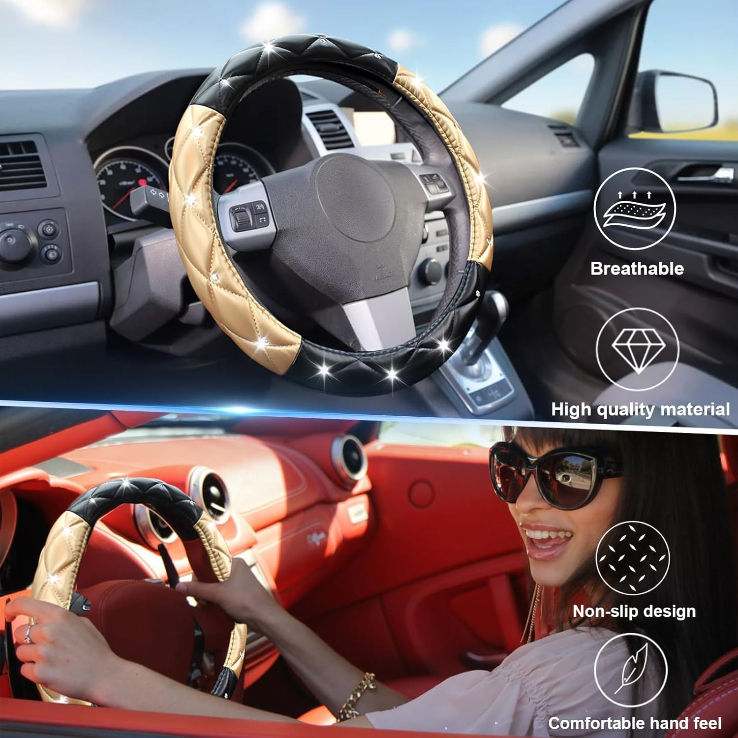 Superkaka Black and Gold Steering Wheel Cover, Auto Cute Diamond Bling Soft Comfort Leather Car Interior Accessories Protector Sparkly Fit Most O-Shaped Steering Wheels image number 3