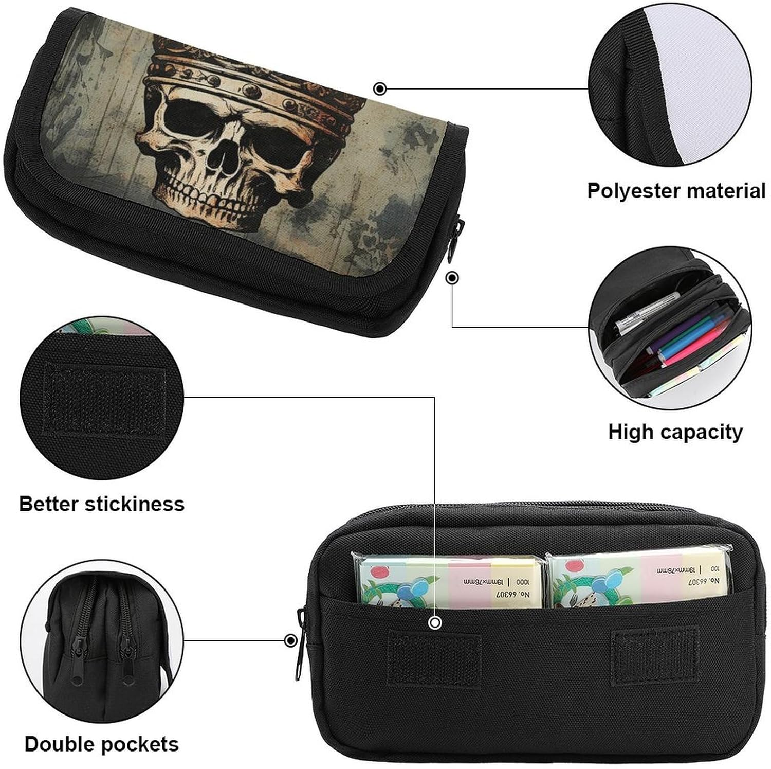 JTKBNVM Large Capacity Elegant Skull Crown Pencil Bags Personalized Pencil Pouch with 3 Compartment Zippered Pencil Bag Portable Makeup Cosmetic Bag for Women Men Office Supply Pen Pouch Case image number 1