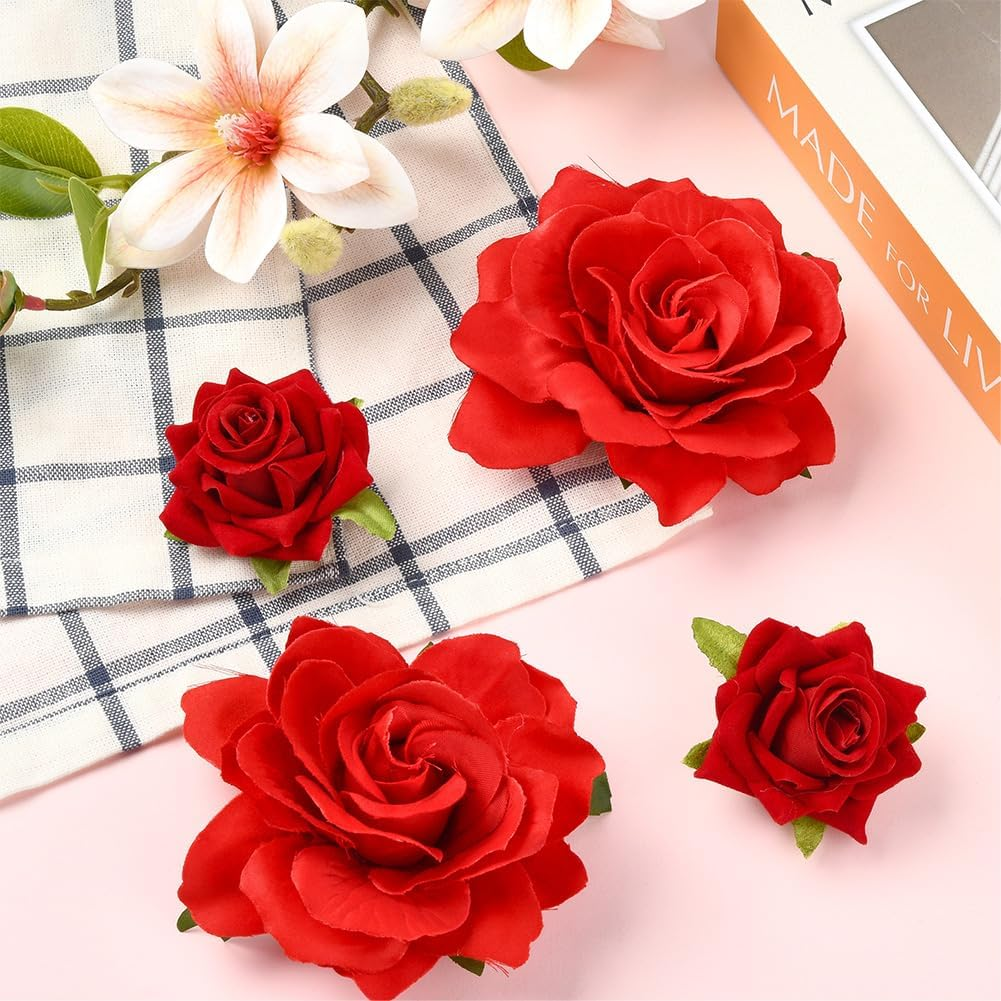 SOFPLATE Pack of 4 Red Rose Hair Clips Headdress Flowers Hair Clips Brooch 2 in 1 Fabric Flowers Hair Pins Accessories for Valentine'S Day Wedding Party Fancy Dress Accessories Women'S Hats Bags image number 5