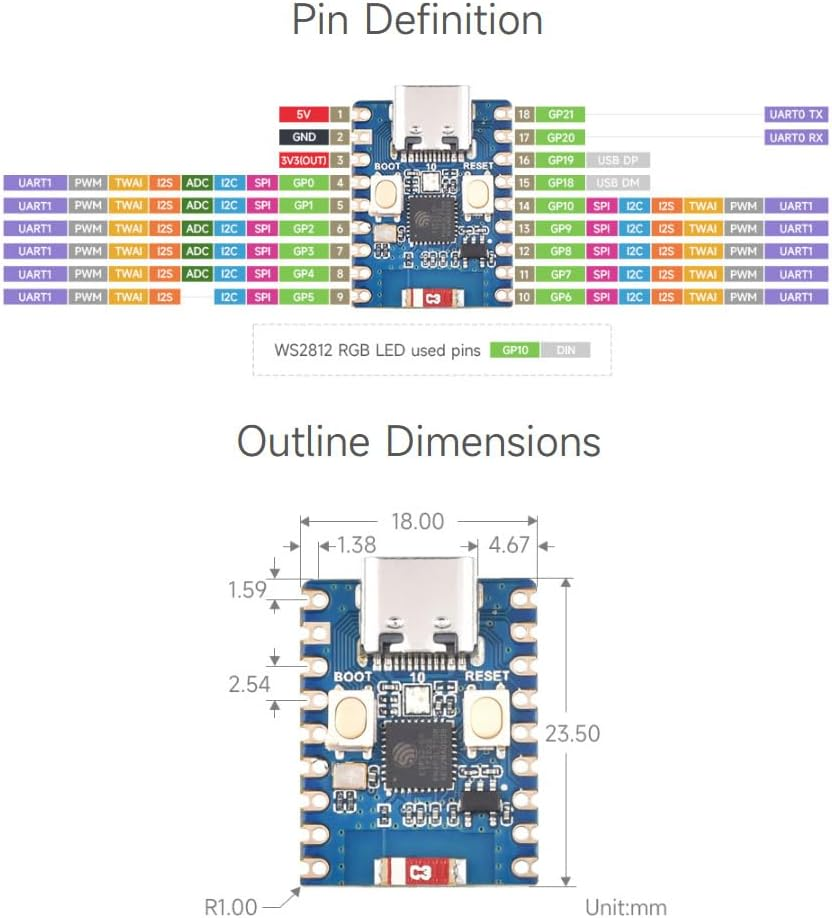 Waveshare ESP32-C3 Mini Development Board, Based on ESP32-C3FN4 Single-Core Processor, 160Mhz Running Frequency, 2.4Ghz Wi-Fi 5 with Pre-Soldered Header