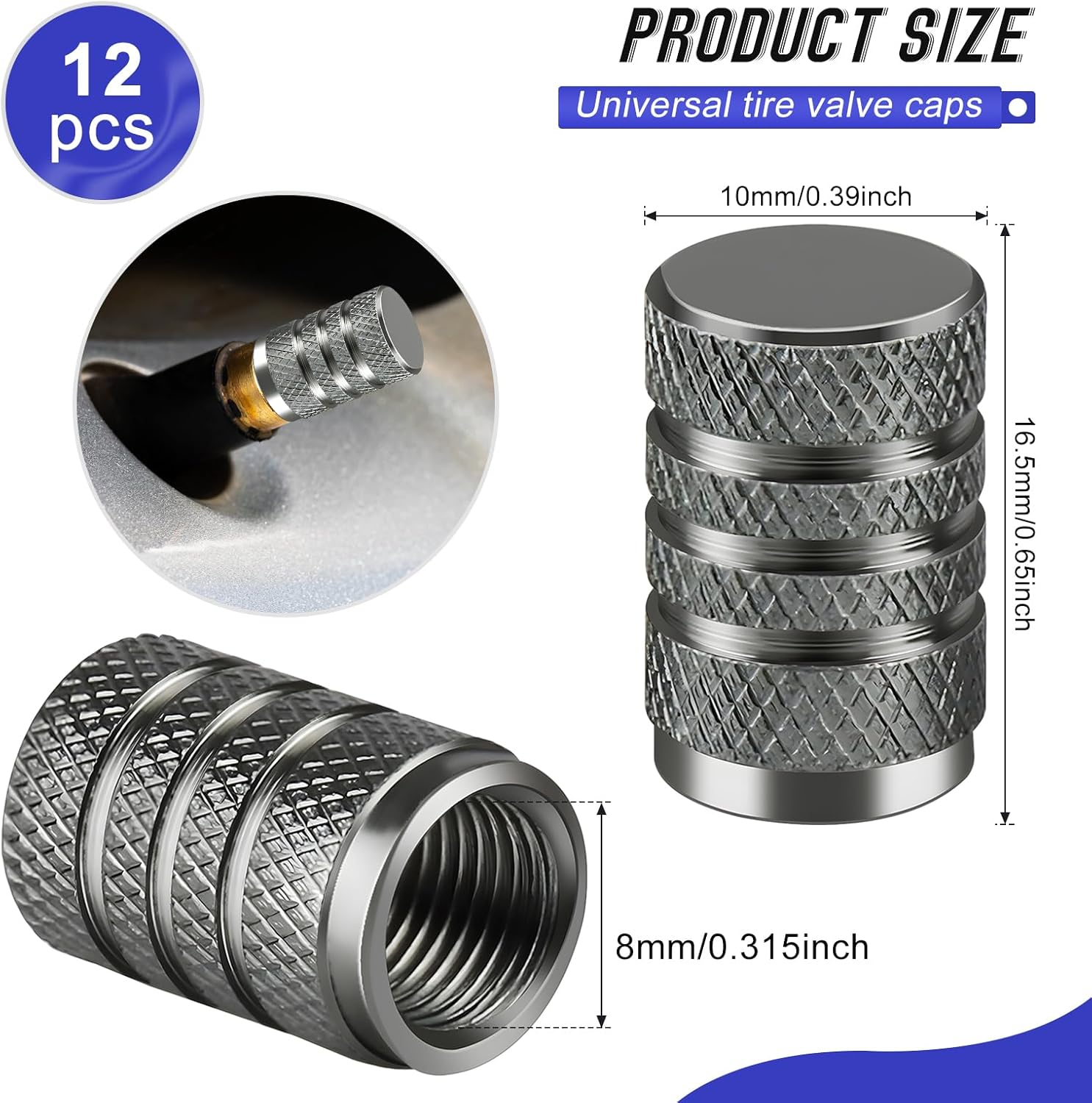 Pack of 12 Car Valve Caps, Aluminium Car Valve Cap, Universal Valve Caps, Car Tyre Accessories, Car Tyre Valve Caps for Cars, Trucks, Suvs, Motorcycles, Bicycles, Etc. (Grey) image number 4
