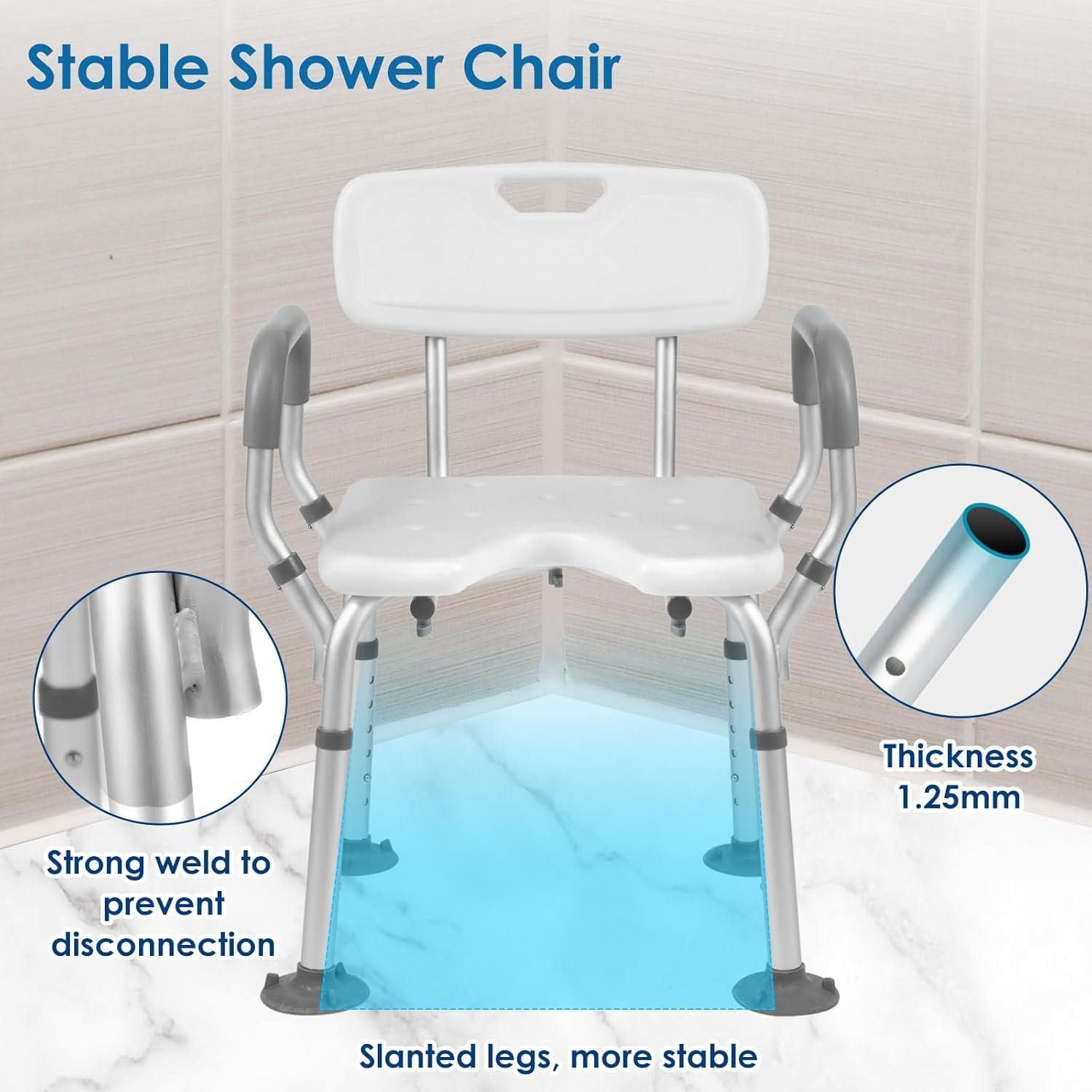 Homodoskey Shower Chair with Arms and Back Heavy Duty 330Lbs, Shower Chair for inside Shower, Shower Seat for inside Shower Bathroom Chair with Cutout Seat & Cold-Proof Pads, Tools-Free Assembly