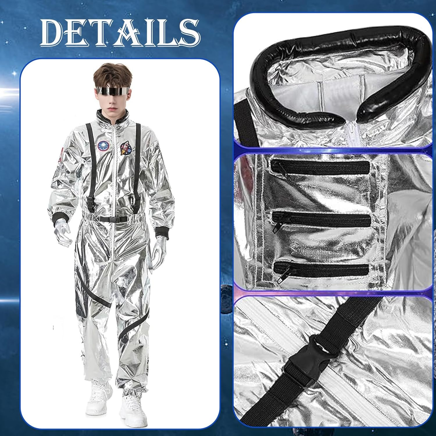Men'S Astronaut Costume Jumpsuit Adult Shiny Silver Space Suit with Embroidered Patches and Pockets Halloween Spaceman Costume image number 3