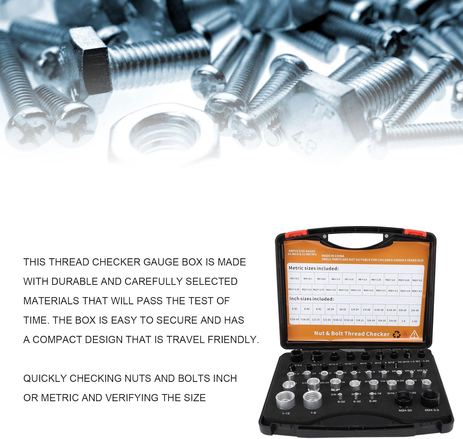 Nut and Thread Checker, 44Pcs Carbon Steel High Accuracy Size and Thread Gauge, Portable Identifier with Storage Box for Imperial and Metric Nuts image number 5