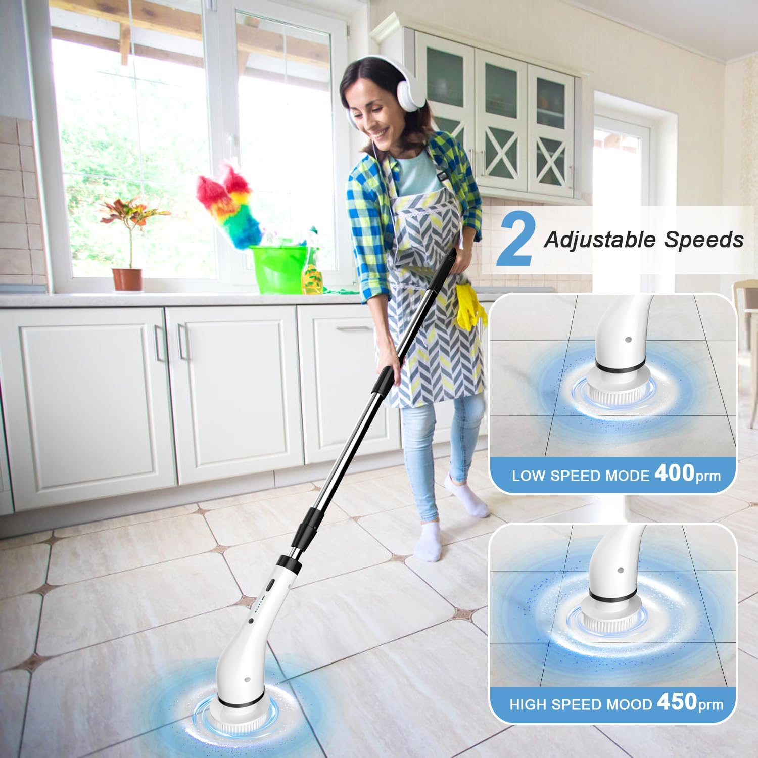 GRUTTI Electric Spin Scrubber, Cordless Shower Scrubber with 8 Replaceable Brush Heads, Electric Bathroom Scrubber with 2 Speeds, Adjustable Extension Arm, for Bathtub Window Car Grout Tile Floor image number 4