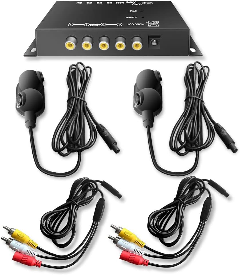 Side View Cameras Set Backup Cameras Kit with Mini 4 Channel Video Surveillance Quad Video Selector for Truck Car Van Camper with Night Vision and Wide View Angle, Side Mirror Mount, IP68 Waterproof