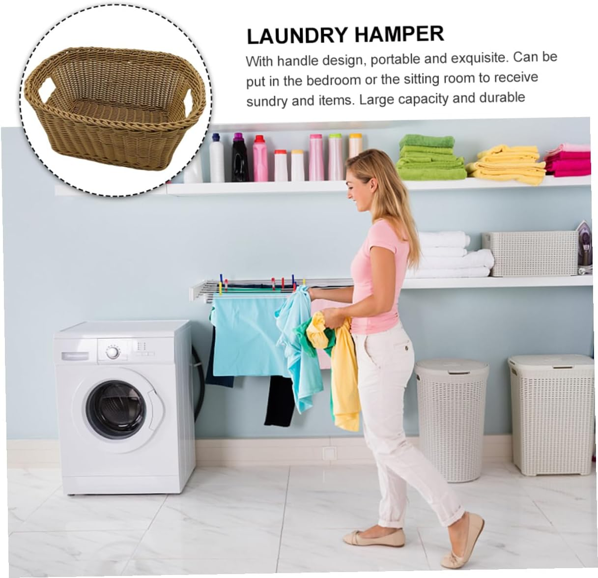 JECOMPRIS Rattan Wicker Laundry Basket 40 X 30 X 20 Storage Hamper Handle Multipurpose Decorative Basket for Clothes Bedroom image number 6