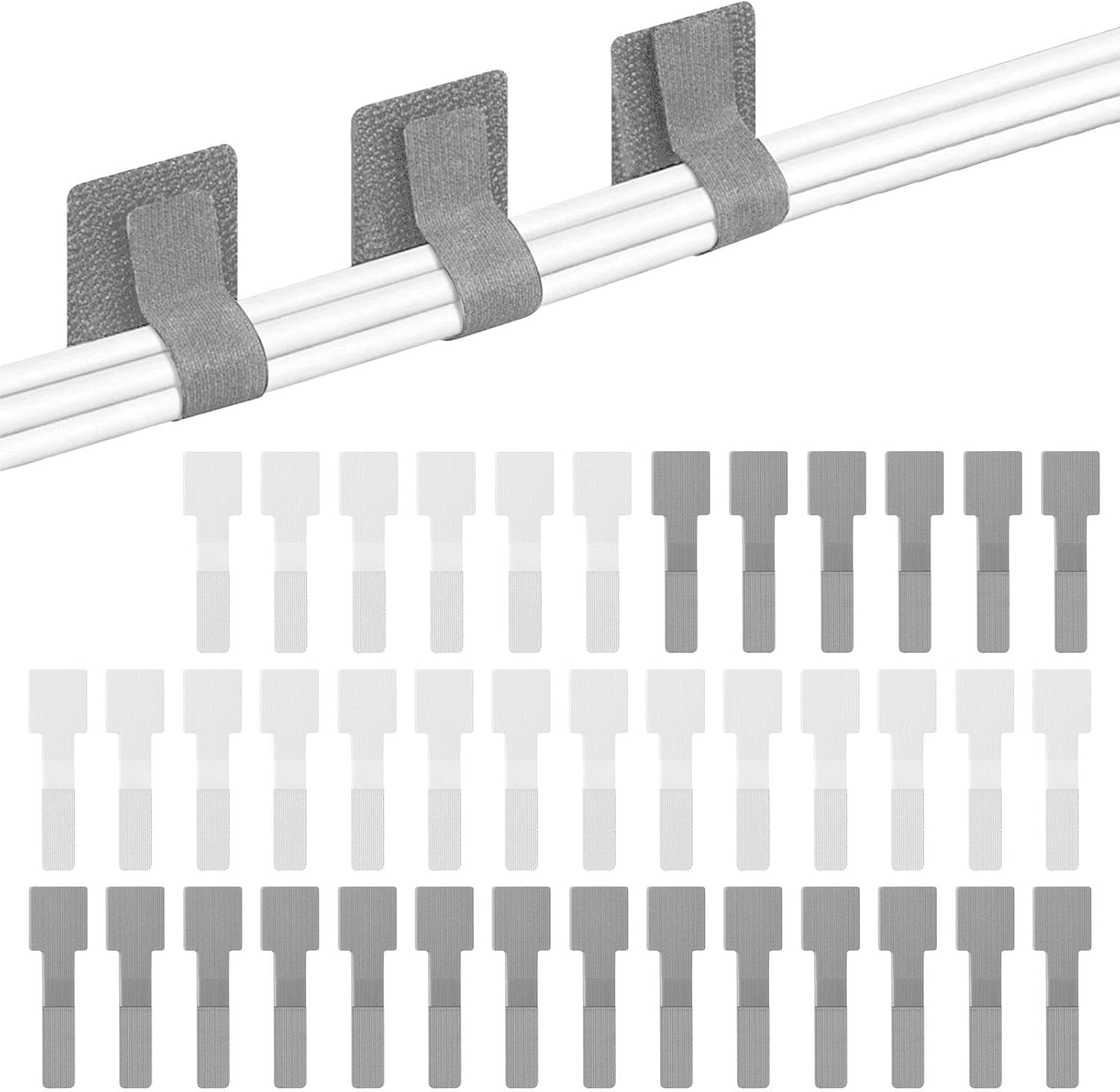 Hook and Loop Cable Ties, 40 Self Adhesive Cable Management, Reusable Cable Clips for Home Office(Color:Gray, White) image number 2