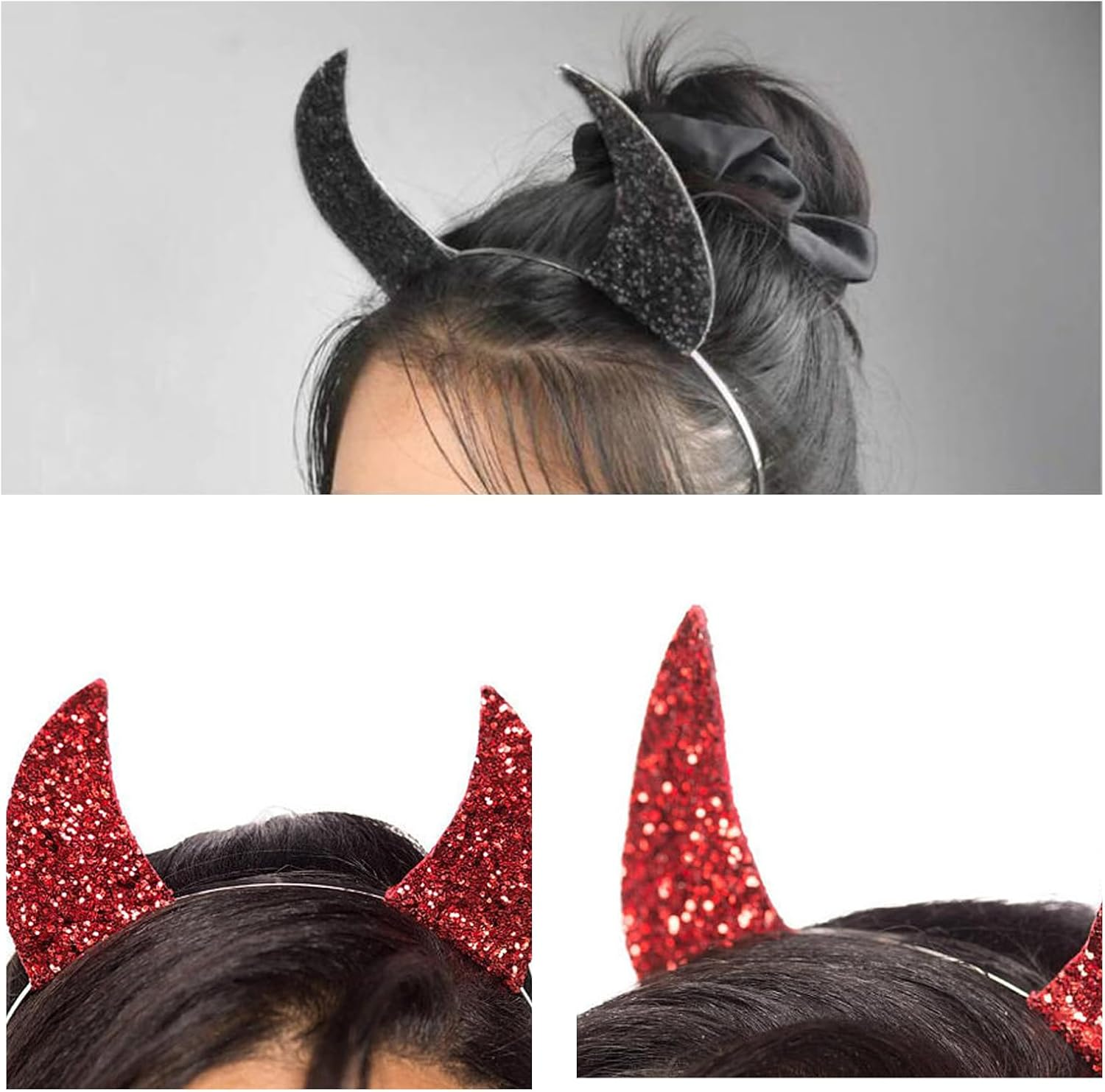OHEETU 2 Pcs Halloween Devil Horns Glitter Red Black Headband Headband Costume Accessory for Cosplay Party image number 3