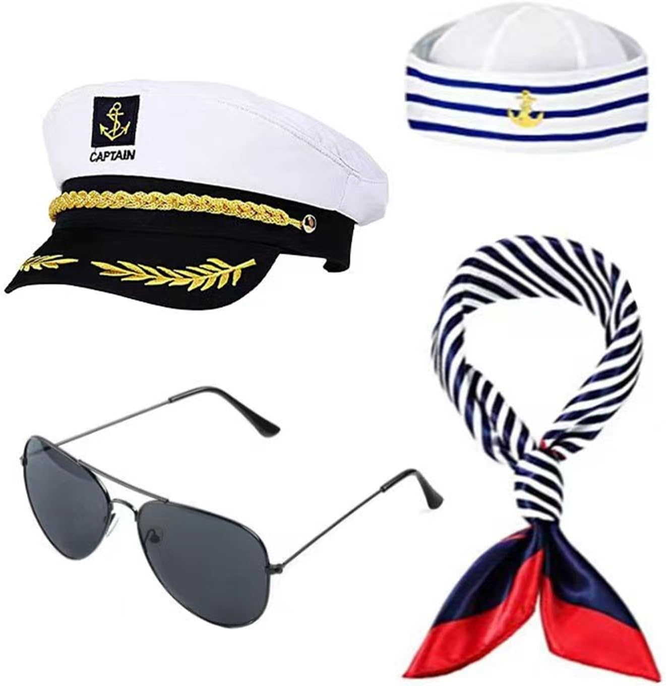 Yacht Captain Hat Sailor Ship Cap Scarf Sunglasses Sailor Hat Boat Costume for Men Women Captains Dressing up Party image number 4