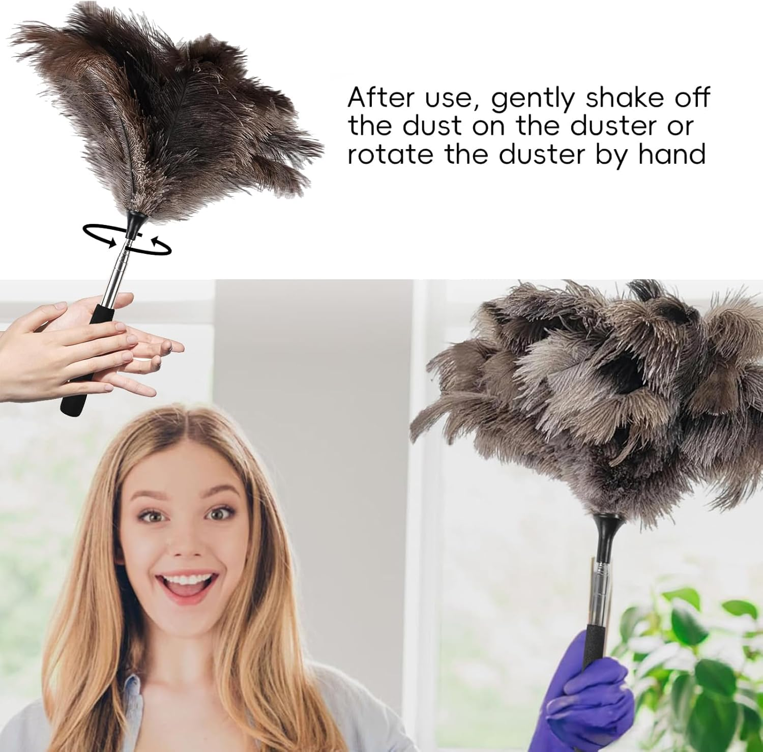 Extendable Ostrich Feather Duster up to 17-40 Inches Fluffy Feathers Long Handle Reusable for Cleaning Ceiling Fan Pendant Lamp High Ceiling Blinds Furniture Feather Duster image number 4