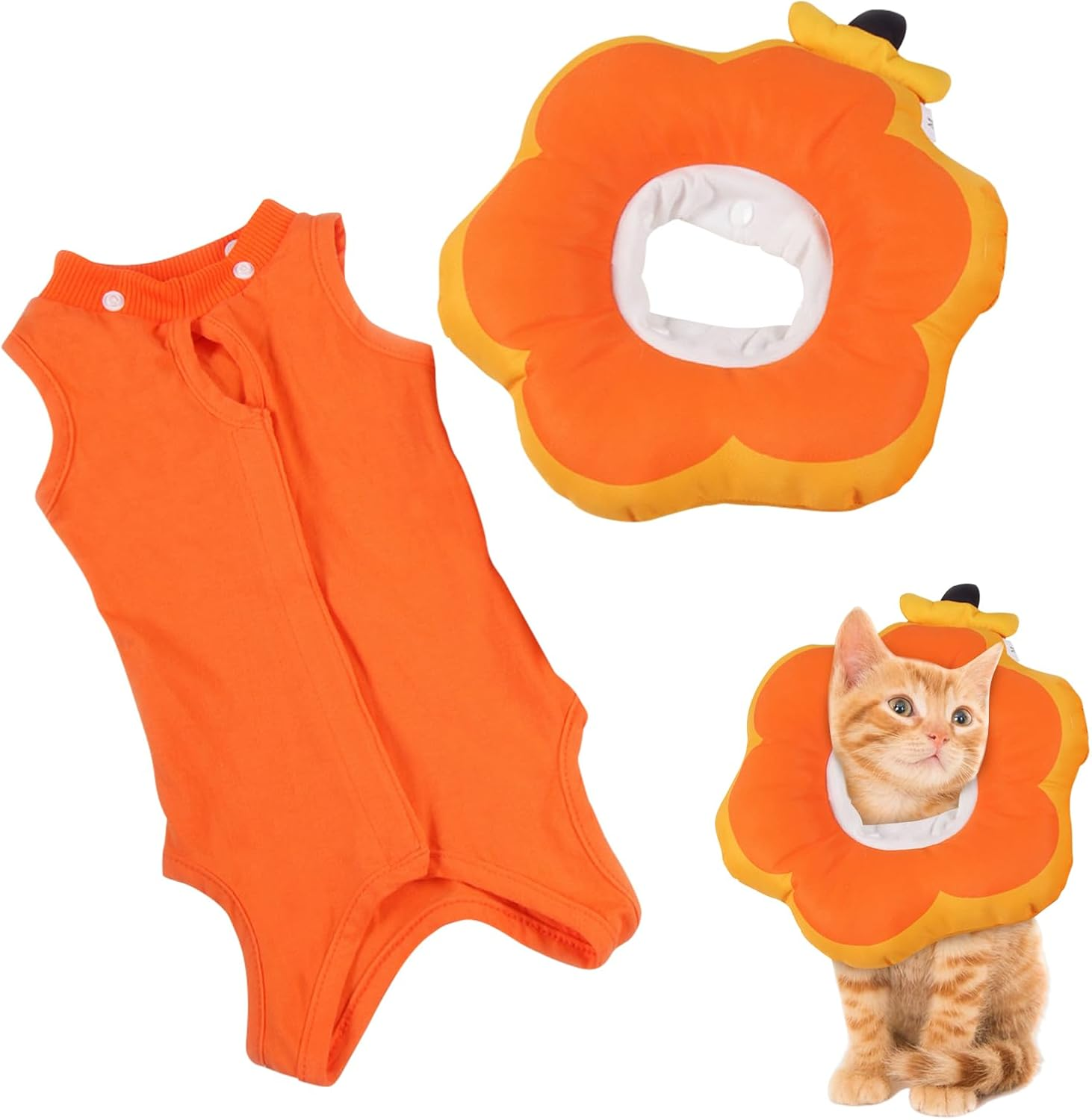 Cat Recovery Set: Fruit-Shaped E-Collar & Neutering Suit,Adjustable Cat Recovery Collars and Cat Surgery Recovery Suit,Soft Polyester for Post-Surgery Comfort,For Cats after Surgery (Orange, M) image number 2