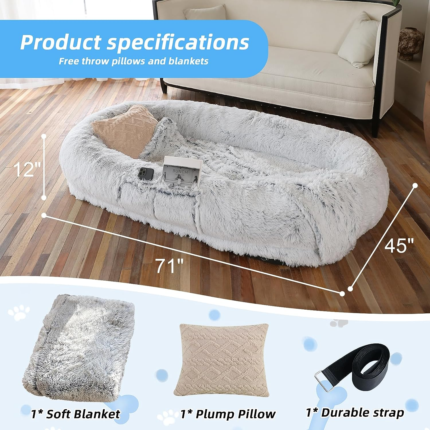 WROS Human Dog Bed, 71''X45''X12'' Size Fits You and Pets, Washable Faux Fur Dog Bed for People Doze Off, Napping Orthopedic Dog Bed, Present Plump Pillow, Blanket, Strap - Grey image number 4