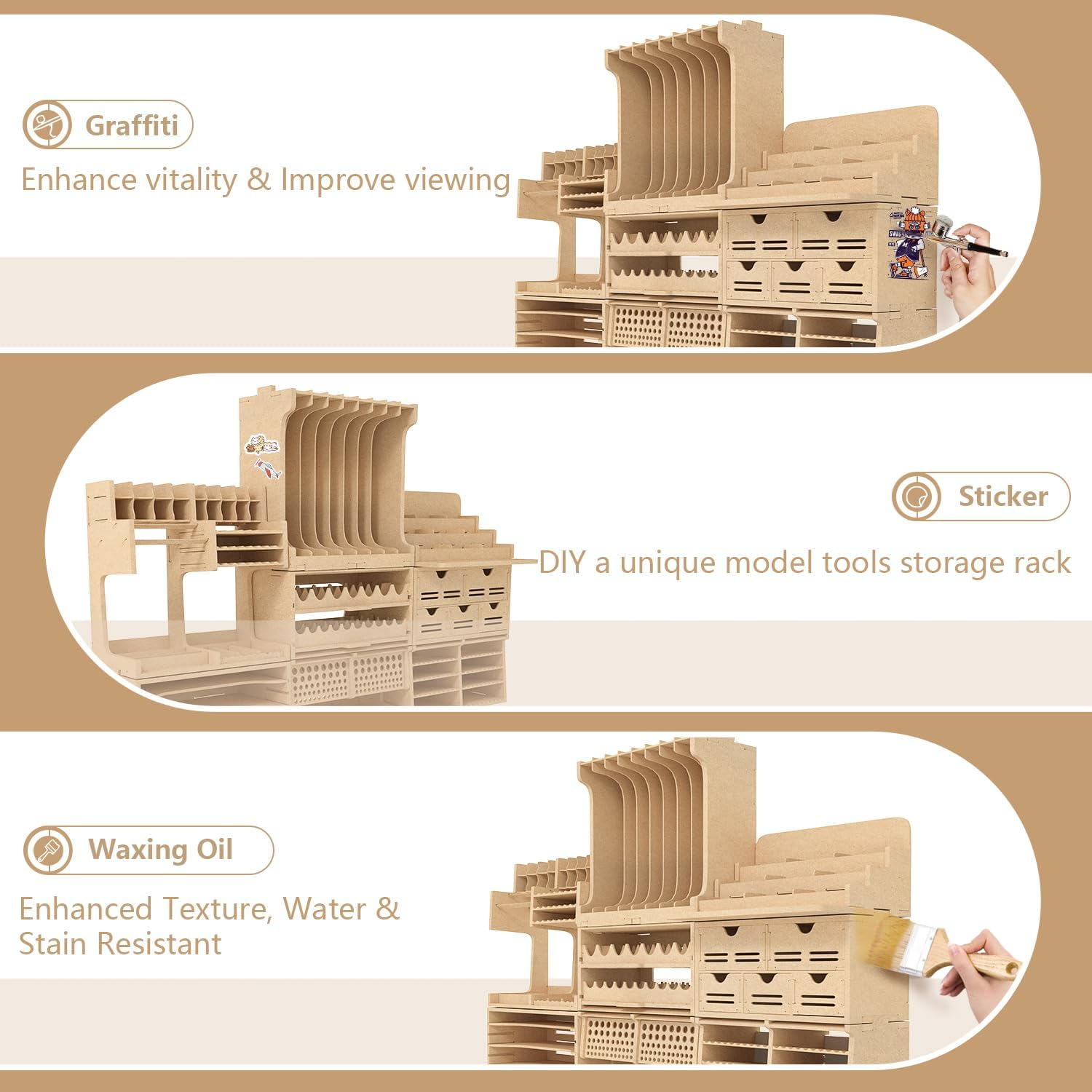 Wooden Model Kit Tool Organizer Rack, Paint Rack with MDF Material, Brush/Screwdriver Storage, Craft Supplies Storage, Suitable for Tamiya Gundam Model Tools, GK10 image number 5