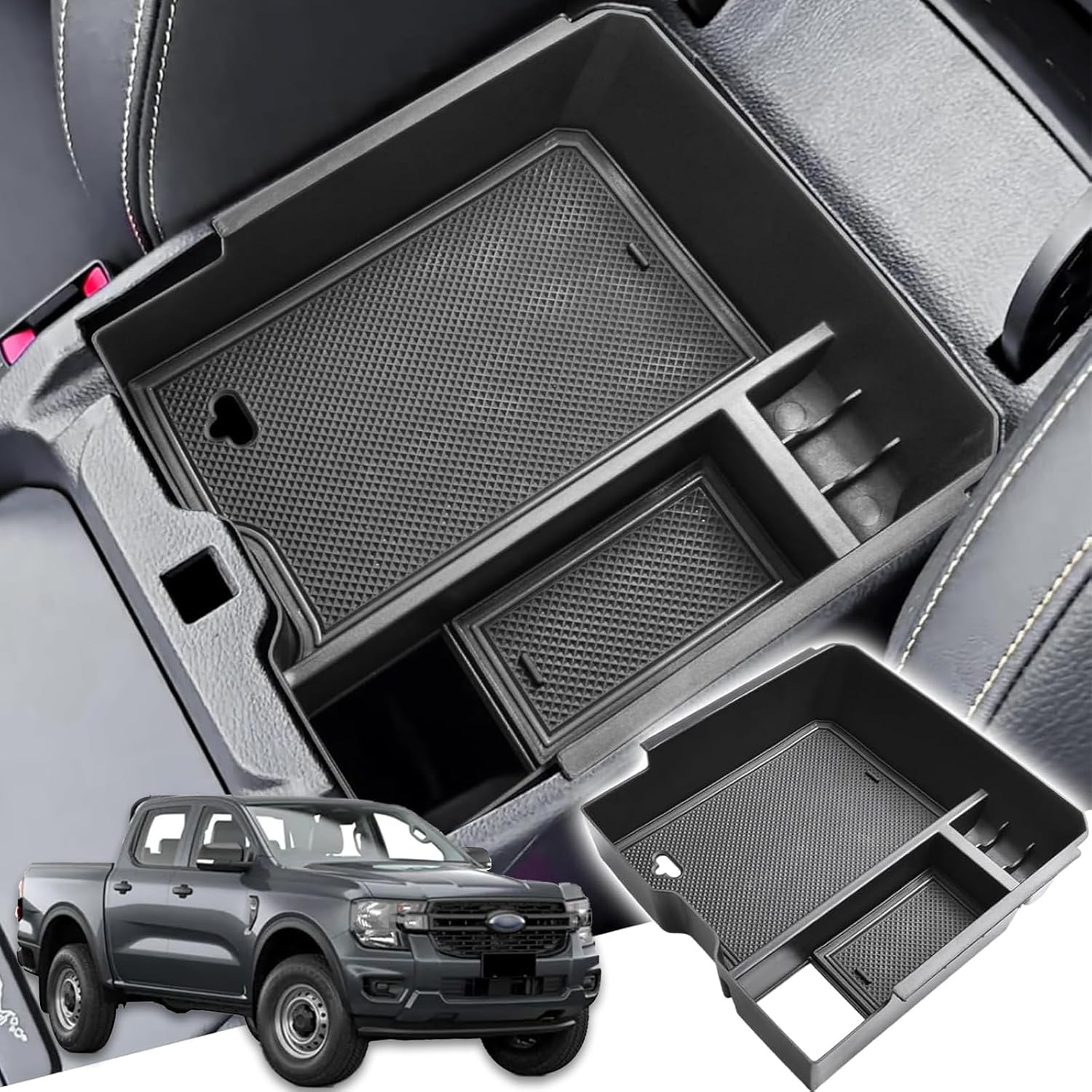 Center Console Organizer for 2024 Ford Ranger Armrest Storage Box Insert Holder Tray Interior Organizer Accessories for Ford Ranger & Raptor & Wildtrak (Electric Handbrake Version) image number 3