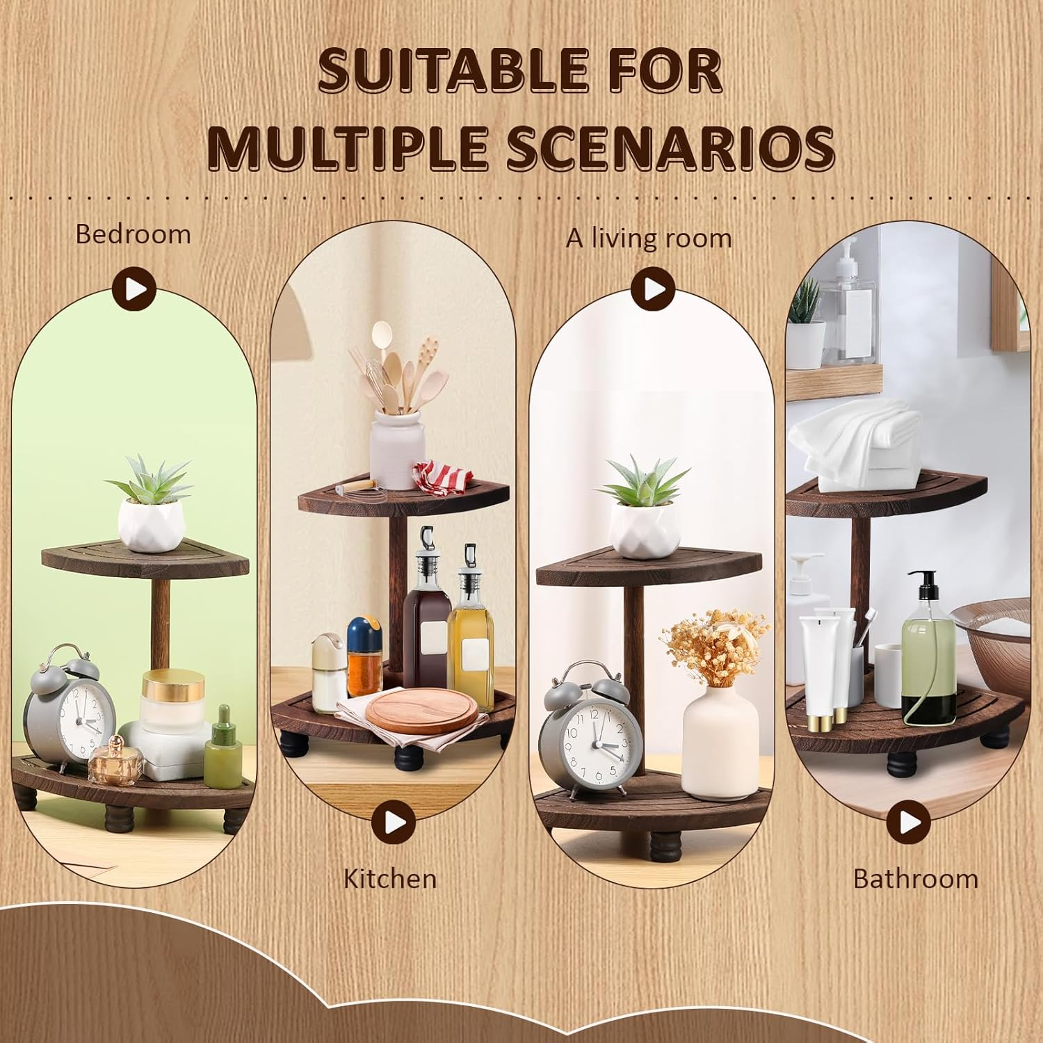 Fwqofvk 2 Tier Decorative Wood Riser, Rustic Corner Shelf, Countertop Bathroom Organizer, Farmhouse Riser, Corner Counter Shelf, Wood Tray for Kitchen Bathroom Dish Soap Tan