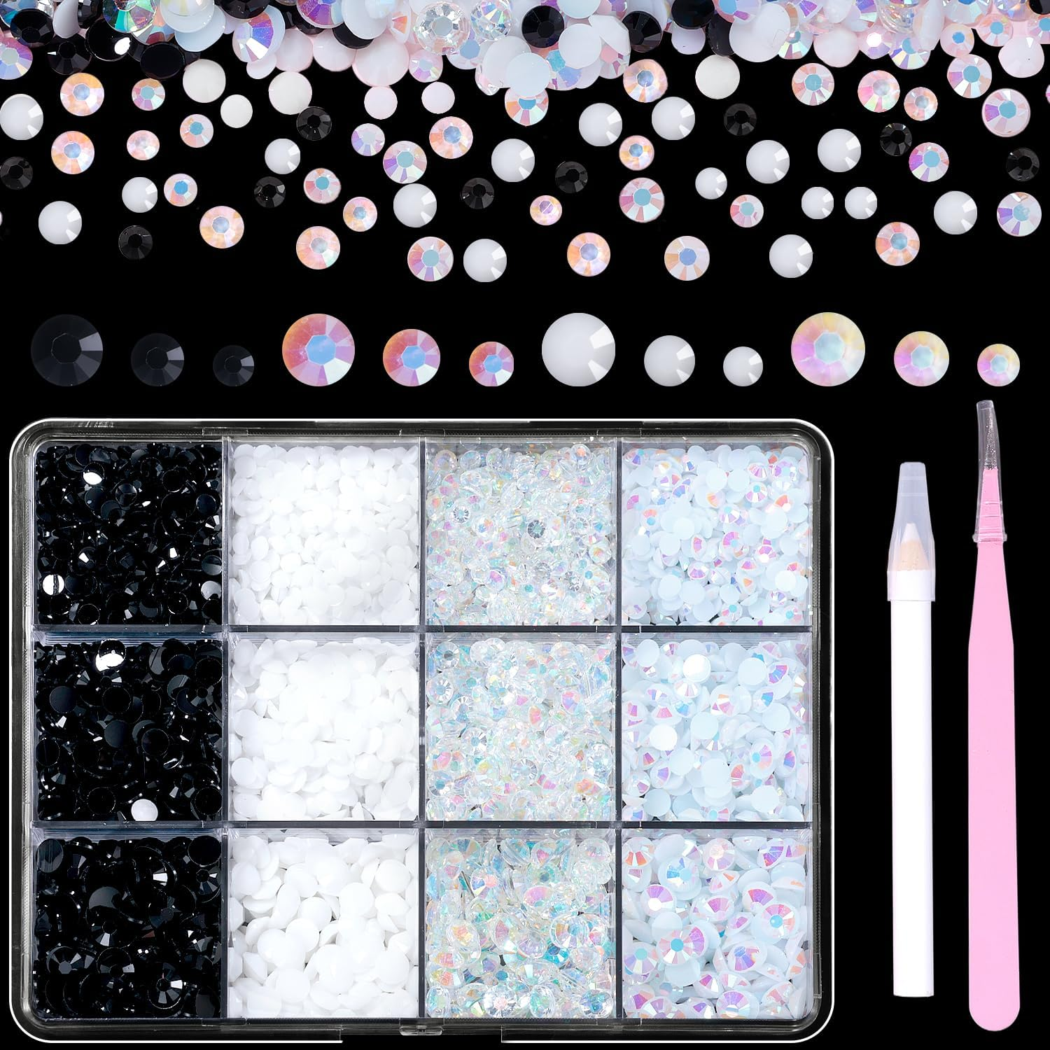 Cynailli Pink Color Jelly Resin Rhinestones, 3D Round, 3 Size, 12 Pieces, Acrylic, Craft Bead, Bedazzled Gems for Nails DIY Clothes Face Makeup DIY Jewelry with Tweezer Pen