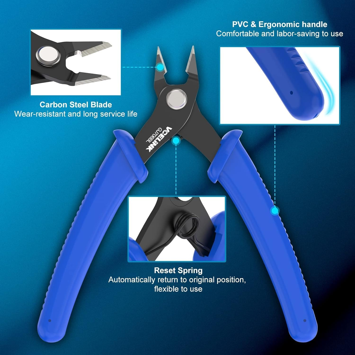 VCELINK Small Wire Cutter Spring-Loaded GJ706BL, Precision Flush Cutter Pliers Diagonal Cutters for Electronics, Jewelry Making, Model Craft and 3D Printer, 5-Inch