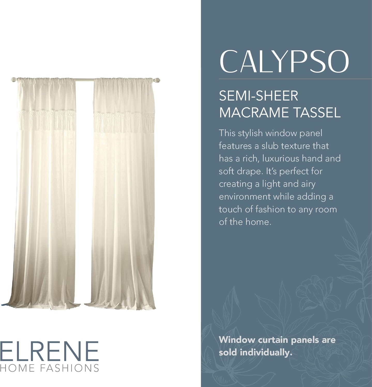 Elrene Home Fashions Calypso Macram&eacute; Tassel Semi Sheer Window Curtain Panel, 52" X 95", Ivory