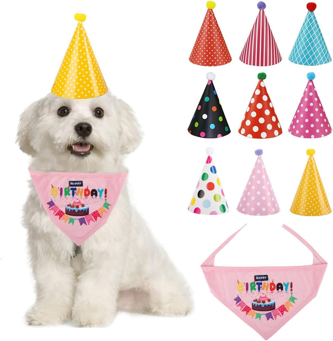 HAIKING Dog Birthday Bandana and Hat Set, 9 Pcs Mixed Color Triangle Birthday Dog Cute Hat with 1 Pcs Adjustable Birthday Bandana for Pet Party Celebrate