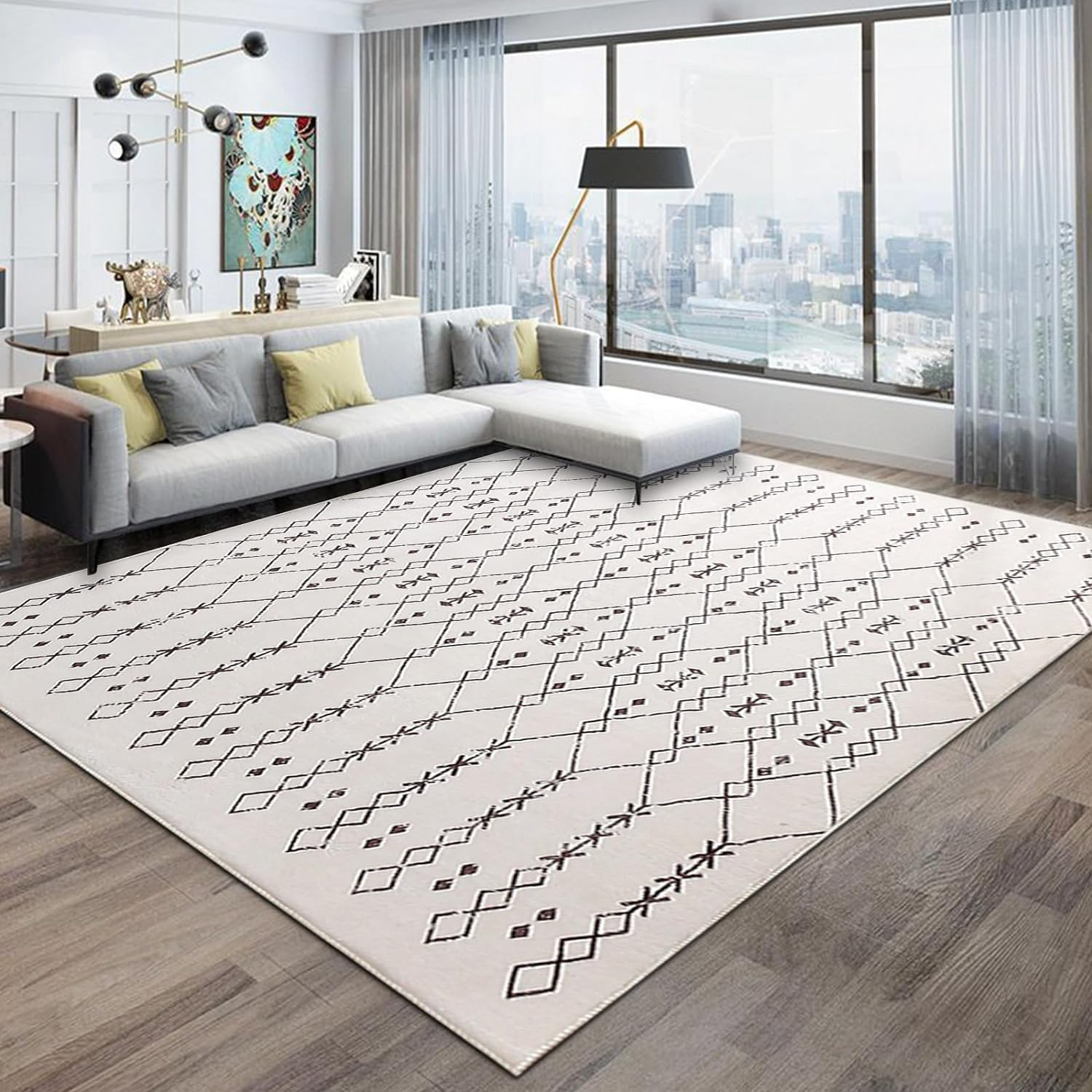 Moroccan Area Rugs 200X250Cm Living Room Rugs Modern Abstract Rug Geometric Carpet Non-Slip Short Pile Rug Large Rugs for Living Room Soft Bedroom Area Rug (Beige/Ivory)