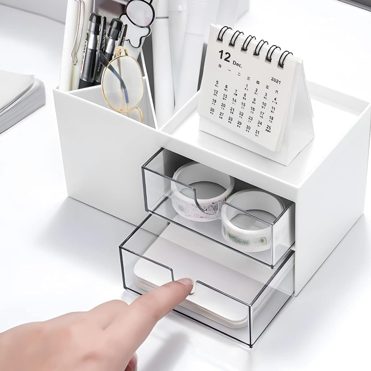 AIMALL Multifunctional Desktop Storage Box, Drawer Storage Box, Cosmetic Storage Box, Student Pen Holder, Multi-Compartment Organiser, 9.2Cm/3.62 Inch - White image number 3
