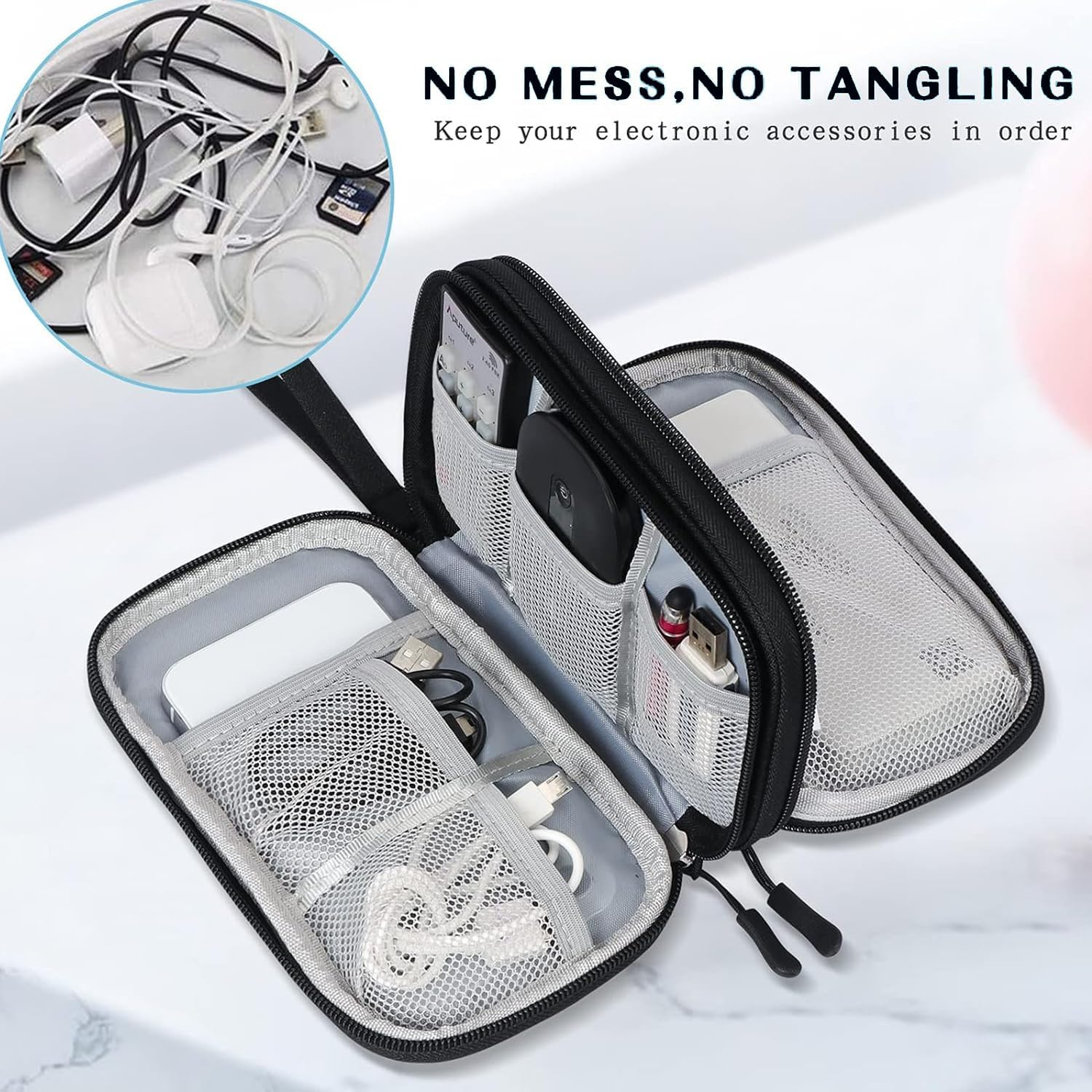 Travel Cable Organizer Bag, Electronic Accessories Organiser, 2-Layer Carry Case Portable Waterproof Double Layers, All-In-One Storage Bag for Cable, Cord, Charger, Phone, Earphone (Black) image number 2