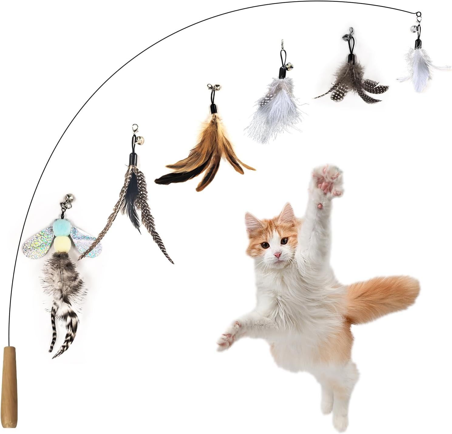 SONGWAY Indoor Cat Teaser - Elastic Cat Teaser + 6 Different Style Interactive Toys, Original Color Spotted Cat Feather Toy image number 3