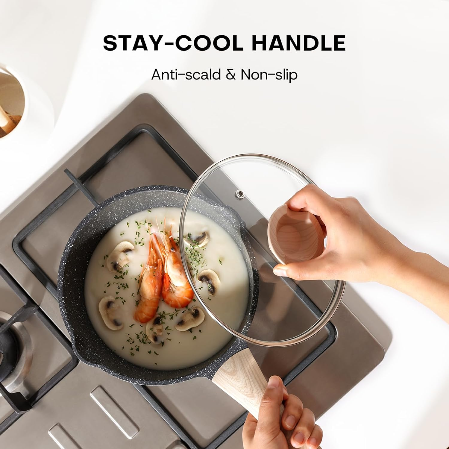 Kordisen Sauce Pan Set with Lid, 1.5Qt & 2.5 Qt Nonstick Cooking Pots with Pour Spout, Easy to Clean, Small Kitchen Induction Saucepan with Granite Coating, PFOA/PFOS Free (Black) image number 4