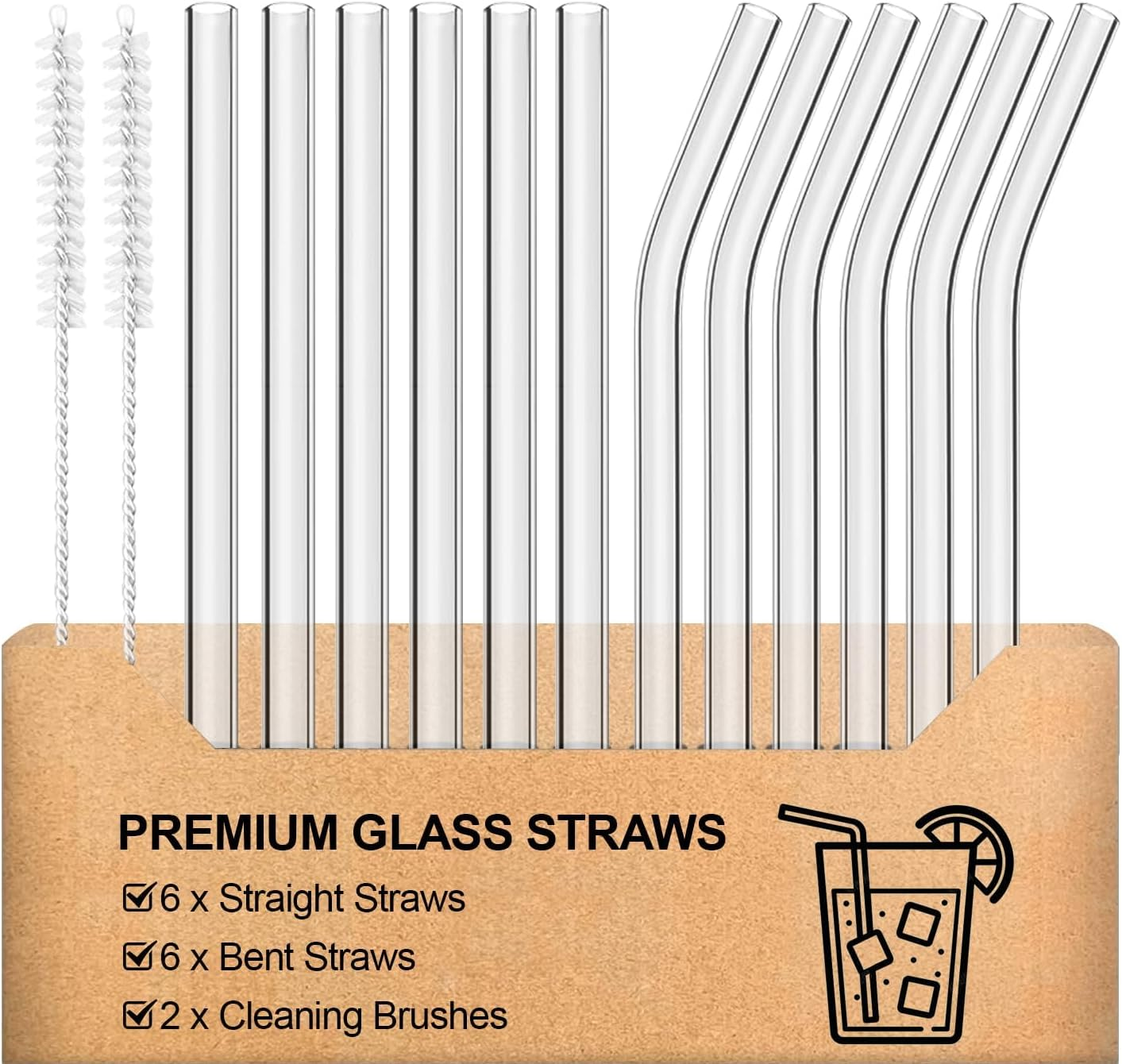 T Tersely 14 Pack Reusable Glass Straws, Set of Reusable Drinking Straw Including Straight and Bent Straws with Cleaning Brushes for Smoothies, Milkshakes, Juice, Tea