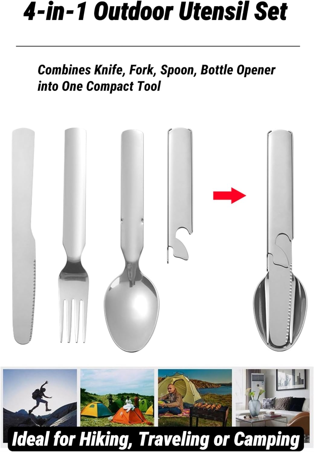 Mernard 4-In-1 Camping Utensil Set - Stainless Steel Camping Cutlery Set with Compact Knife Fork Spoon Bottle Opener for Hiking, Picnic, Travel Outdoor image number 6