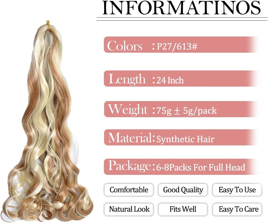 Herkeymidy French Curly Braiding Hair 24 Inch Loose Wavy 8 Pack Bouncy Braiding Hair Extensions 75G/Pack French Curly Synthetic Hair Extensions(P27/613) - P27/613 image number 5