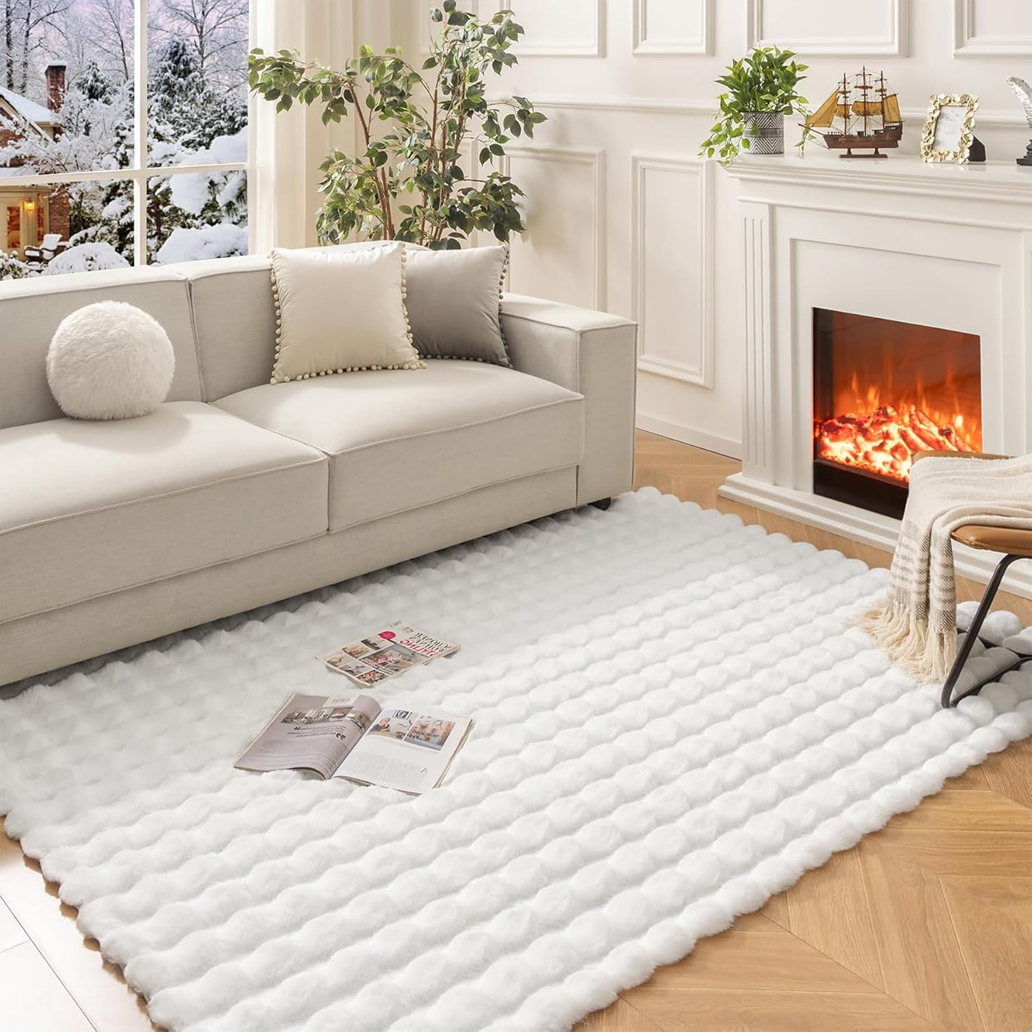 Fluffy Area Rug for Living Room, Luxury High Pile Shaggy Faux Fur Bubble Rugs for Bedroom, Modern Indoor Machine Washable Plush Carpet Anti-Skid Floor Mats for Home Decor (White, 120X180Cm) image number 1