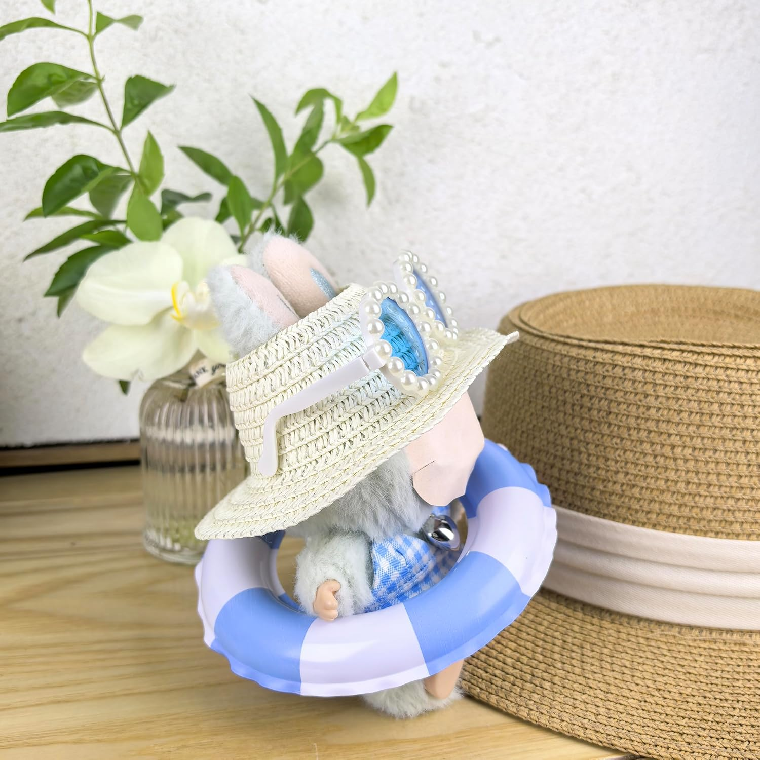 5 - Piece Doll Clothes Swimsuit Set | Straw Hat, Pearl Sunglasses, Blue Plaid Swimming Suit , Pearl Necklace & Swim Ring for 14 - 17Cm Labobo Labibu (No Doll) image number 3