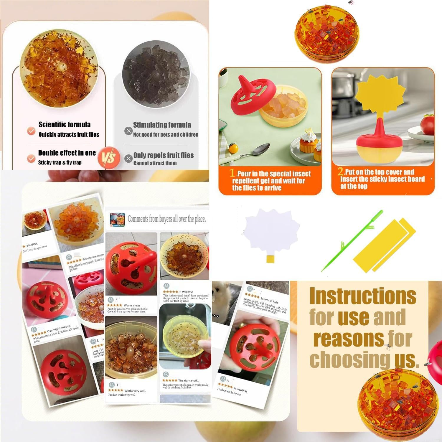 Fruit Fly Trap, Attracts and Kills Fruit Flies, Strong, Fast-Acting Attractant, 2-In-1 Reusable Indoor Fruit Fly Trap for Kitchens and Houseplants (2-Pack)